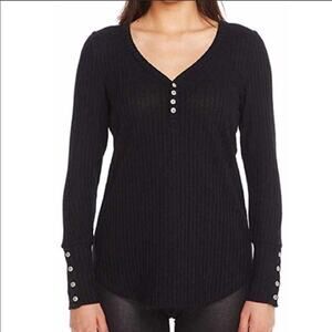 Chaser | Black Button Sleeve Waffle Knit Henley